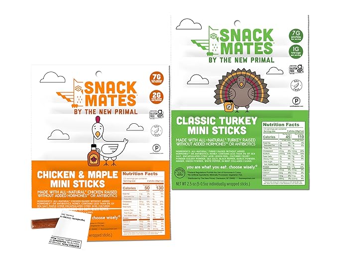New Primal Snack Mates Chicken &amp Turkey Pack Gluten Free Healthy Snacks for Kids Low Sugar High Protein Kids Snack Mini Paleo Jerky Meat Stick 5 (0.5 oz) Sticks Per Bag 2 Bags 10 Count