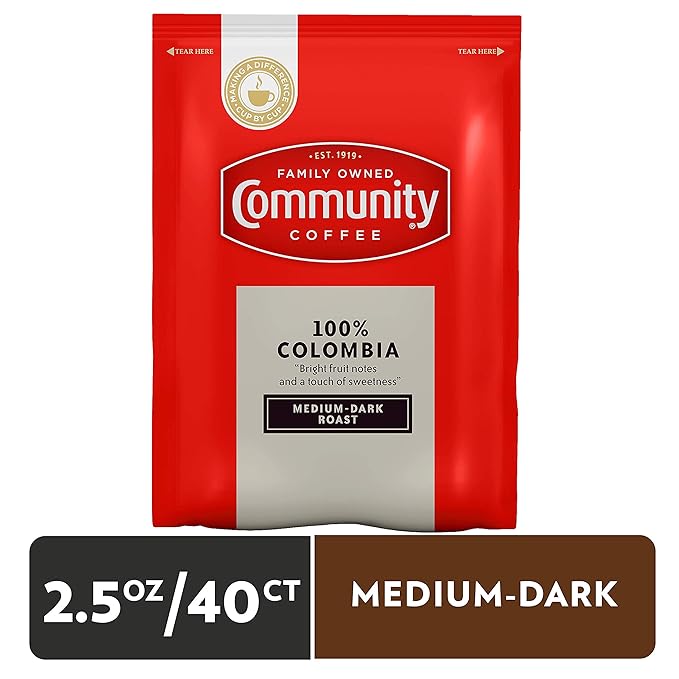 Community Coffee 100% Colombia Pre-Measured Coffee Packs Medium Dark Roast 2.5 Ounce Each (Box of 40)