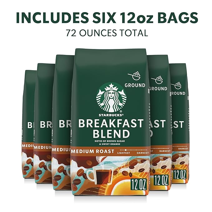Starbucks Ground Coffee Medium Roast Hot or Iced Coffee Breakfast Blend Six 12 oz Bags