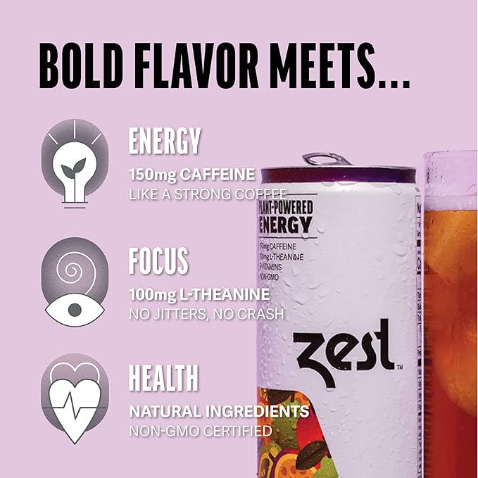 Zest Clean Energy Drink – Passionfruit Berry – 150mg Caffeine + 100mg L-Theanine – Natural Focus &amp Concentration Boost – Healthy Energy Drink 12oz Can 12 Pack – Low Sugar No Artificial Sweeteners