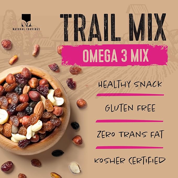 Natural Cravings Trail Mix Snack Packs - Individual 3.5 oz Bags of Trail mix - Omega 3 Dried Fruit Mix &amp Assorted Nuts Mix with Dry Cranberries Peanuts Raisins &amp Walnuts - Trail Mix Individu