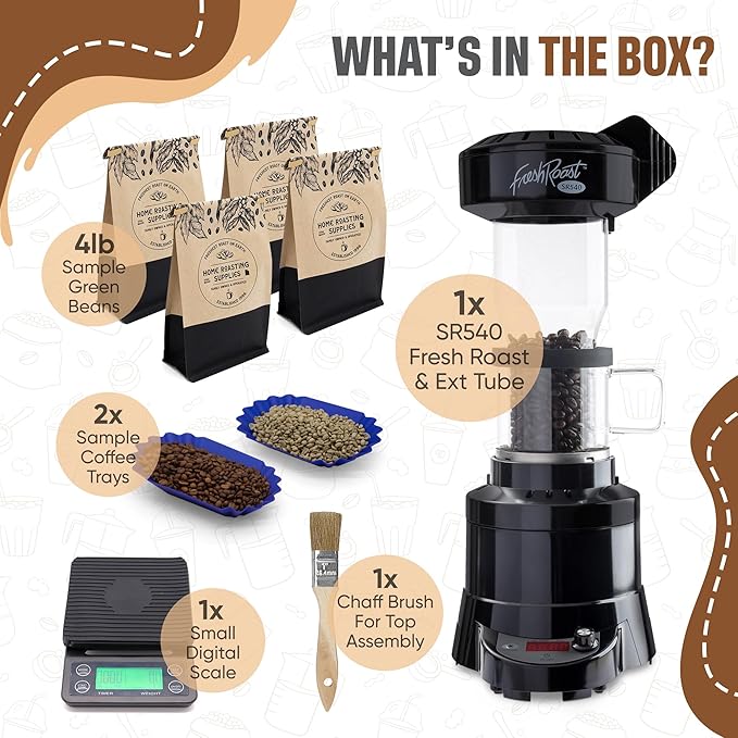 Coffee Roaster Bundle SR540 Glass Extension Tube Pour Over Digital Scale (4lbs) Sample Pack of Green Beans (2-Pack) Sample Trays Chaff Brush