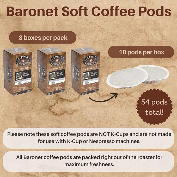 Baronet Coffee Pods [French Vanilla-54 Pods] Flavored Single Cup Use Like Senseo [3 Boxes of 18 Single Serve 10 Gram] Regular Strength Medium Roast [French Vanilla]