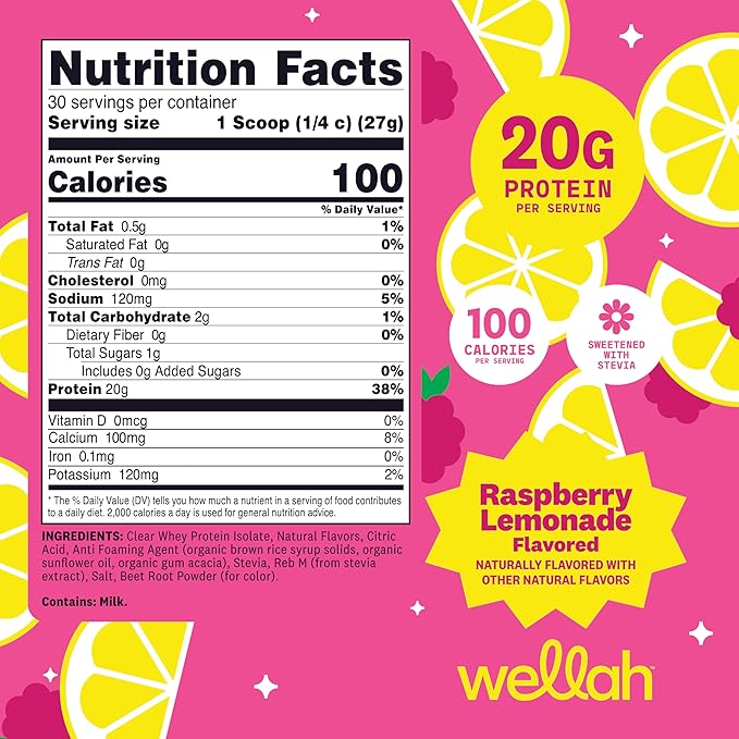 Wellah Clear Whey Protein Isolate Powder (Raspberry Lemonade) 30 Servings - 20g of Protein 100 Calories Sweetened with Stevia