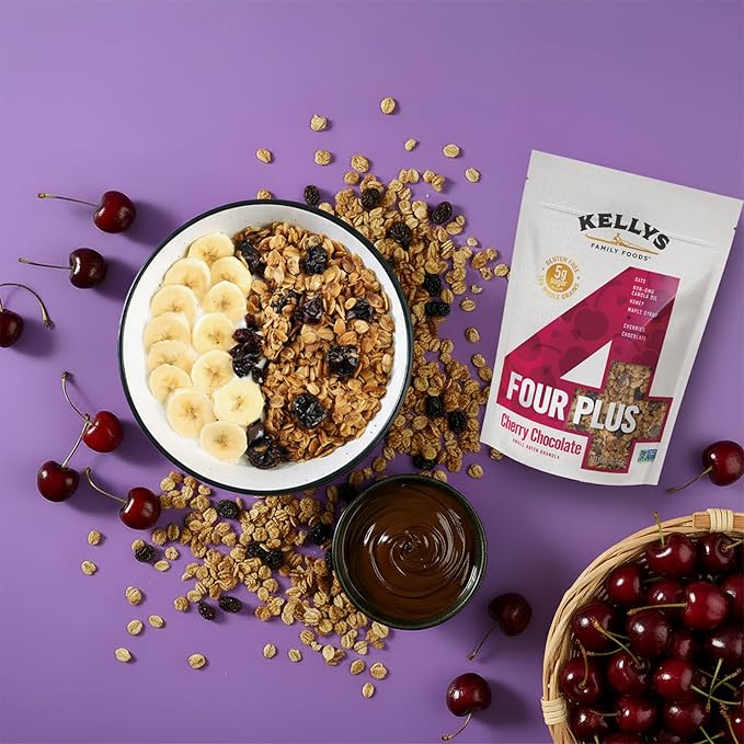 Kellys Four Plus Granola Cereal | Cherry Chocolate Healthy Granola for Yogurt | Hand Made Snacks for Breakfast - 12 oz (Pack of 4)