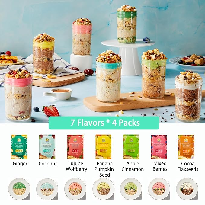 SUNGIVEN High Protein Overnight Oats Family Size Variety Pack - 7 Flavors Low Sugar Keto Instant Health Breakfast Oatmeals with Cinnamon Berries Ginger Pumpkin Seed Goji 28-Packs 74.1oz