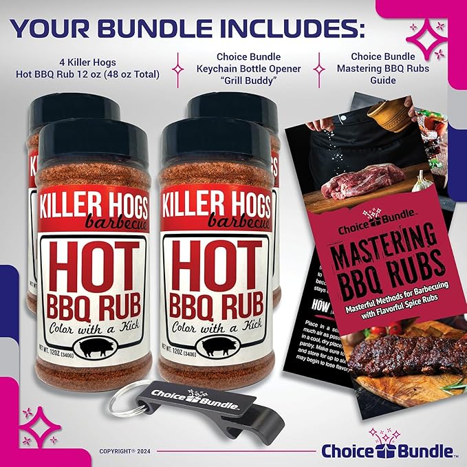 Killer Hogs Hot BBQ Rub Premium Barbecue Rub &amp Seasoning 4 pk (48 oz) + Guide &amp Bottle Opener (6 Items)!