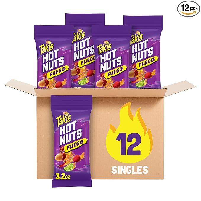 Takis Fuego Hot Nuts 12 pc / 3.2 oz Snack Size Box Hot Chili Pepper &amp Lime Flavored Extreme Spicy Double-Crunch Peanuts