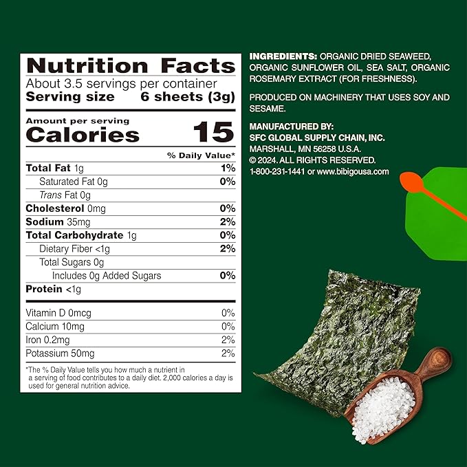 Bibigo ORGANIC SEAWEED SNACK SESAME 0.35OZx12 (Pack of 2)