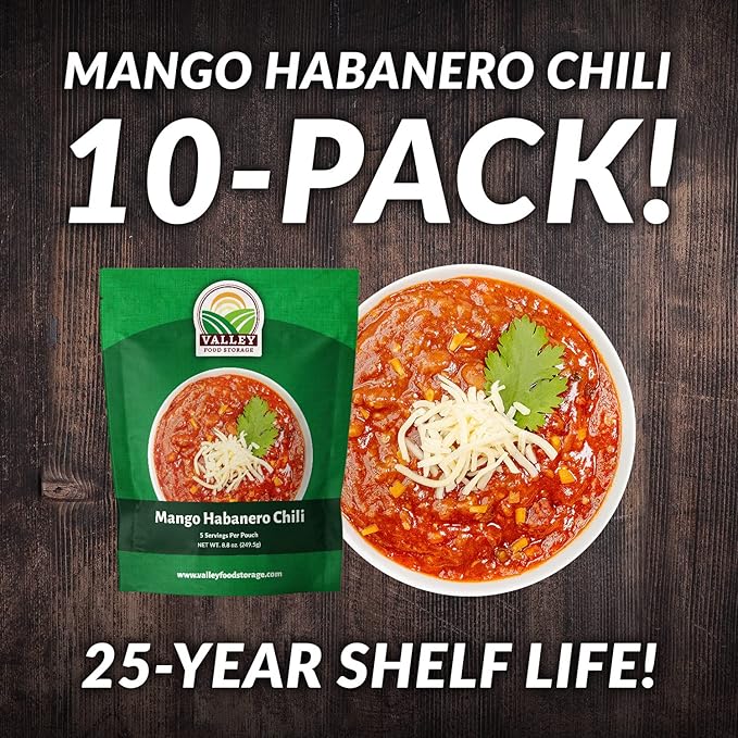 Valley Food Storage Mango Habanero Chili | 10-Bag Bucket 50 Servings | Premium Emergency Food Supply 25 Year Shelf Life | Survival Meal Kits Prepper Food &amp Off-Grid Living Supplies Packaged in