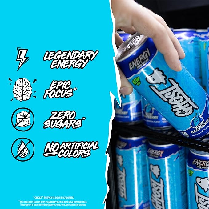 GHOST Energy Drink - 12-Pack Blue Raspberry 16oz Cans - Energy &amp Focus &amp No Artificial Colors - 200mg of Natural Caffeine L-Carnitine &amp Taurine - Gluten-Free &amp Vegan