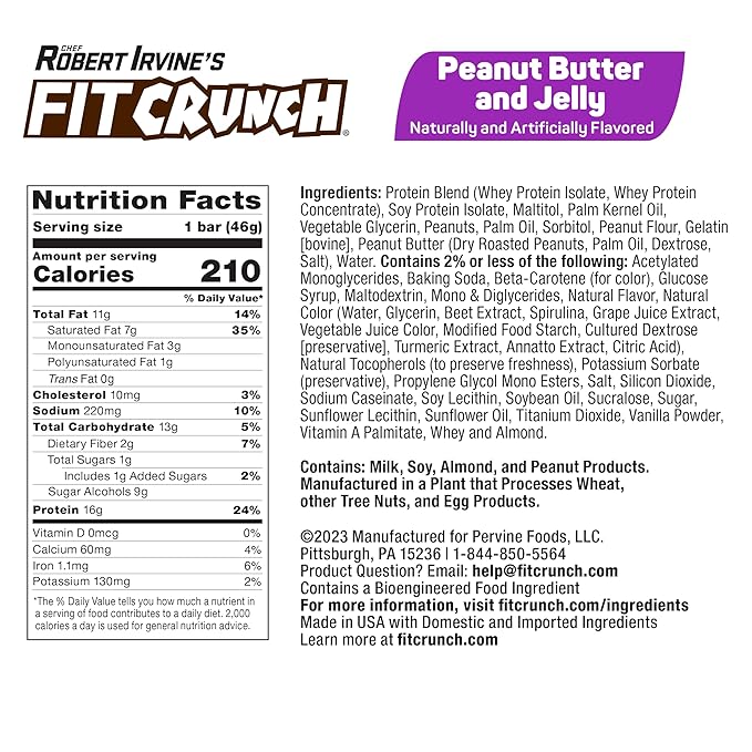 FITCRUNCH Snack Size Protein Bars Designed by Robert Irvine 6-Layer Baked Bar 1g of Sugar Gluten Free &amp Soft Cake Core (9 Bars Peanut Butter and Jelly)
