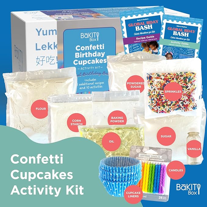 BāKIT Box Confetti Cupcakes Birthday Kit for Kids – Global Celebration Baking Kit – Cupcake Liners &amp Candles Included – STEM Birthday Activities – Ages 5–13