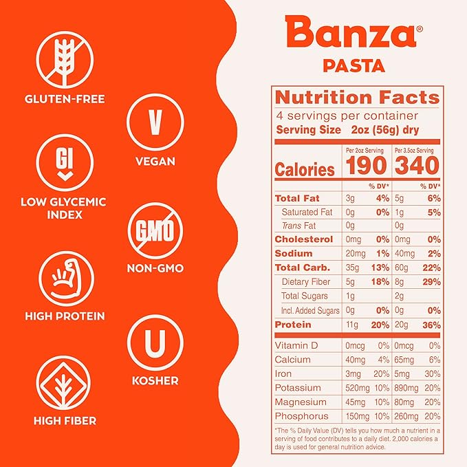 Banza Gluten-Free Chickpea Pasta Variety Pack 20g Protein | Lower Carb | High Fiber | High Protein | Plant Based Pasta | 8oz (Pack of 6)