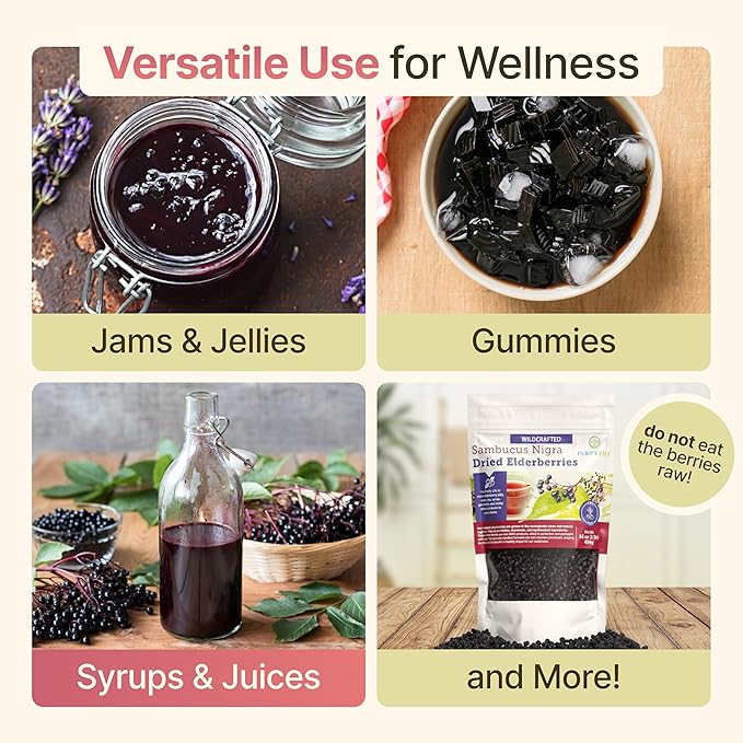Dried Elderberries - 1lb Bulk - Hand-Sorted Wildcrafted Natural Non-GMO Whole European Immune System Support for Black Elderberry Syrup Gummies Jelly Tea Wine Raw Sambucus One Pound
