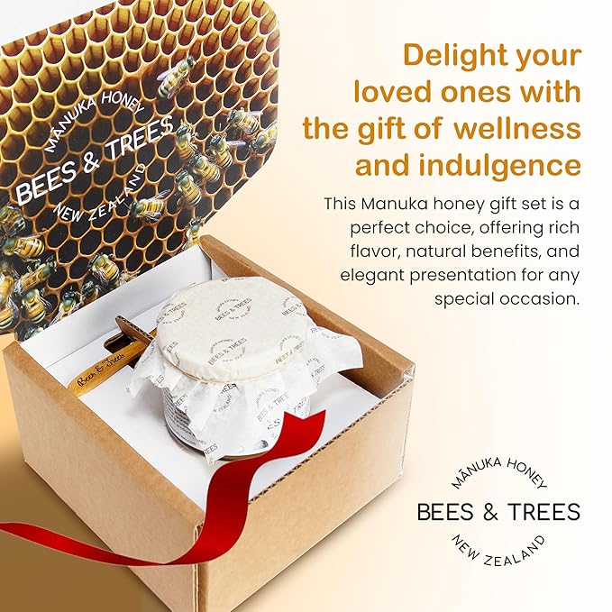 Bees &amp Trees Manuka Honey 550+ MGO – New Zealand Pure Monofloral Raw – Premium &amp Minimally Processed for Health Strength &amp Vitality – Unpasteurized Superfood in Gift Set - 380g (13.4oz)