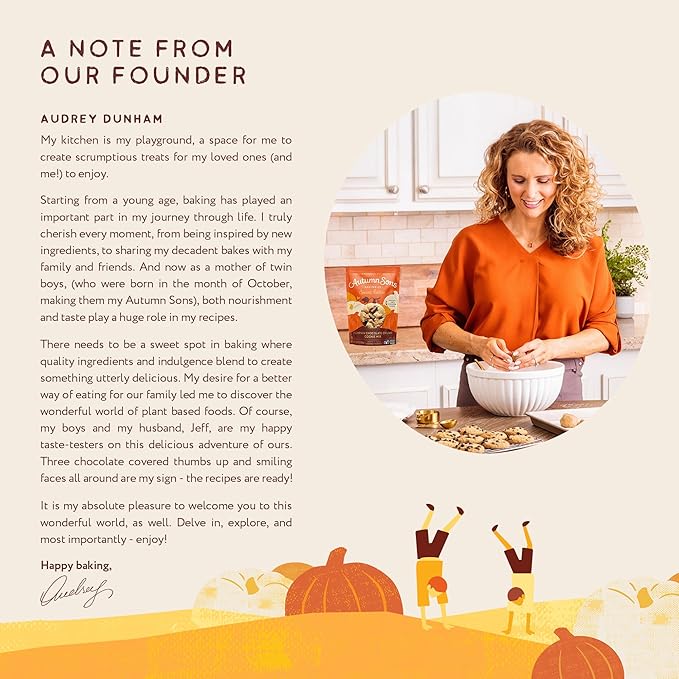 Autumn Sons Baking Co. Gluten Free Pumpkin Chocolate Chunk Cookie Mix. Limited Edition Pumpkin Spice Cookie Mix. Vegan Plant Based. No Dairy Soy &amp Nuts. Top 9 Allergen Free. 8.9 oz (Pack of 3)