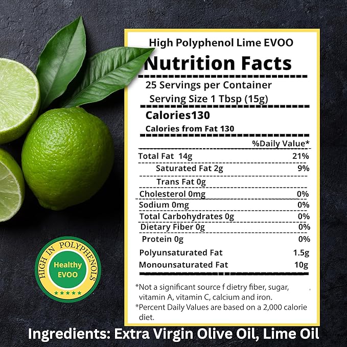 M.G. PAPPAS High Polyphenol Rich Lime Infused Olive Oil Extra Virgin - Over 500mg/kg - Unfiltered Cold Pressed Greek EVOO - Award Winning - Cooking Lime Oil – 12.7 Oz 375ml