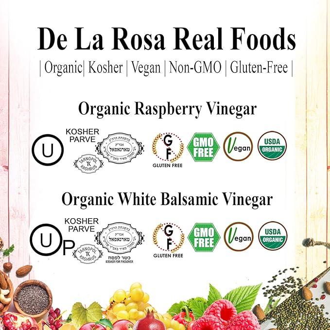 De la Rosa Organic Raspberry &amp White Balsamic Vinegar Vegan Kosher Non-GMO &amp Gluten Free Great for Salad Dressings Marinades &amp More 8.45 Oz (Pack of 2)