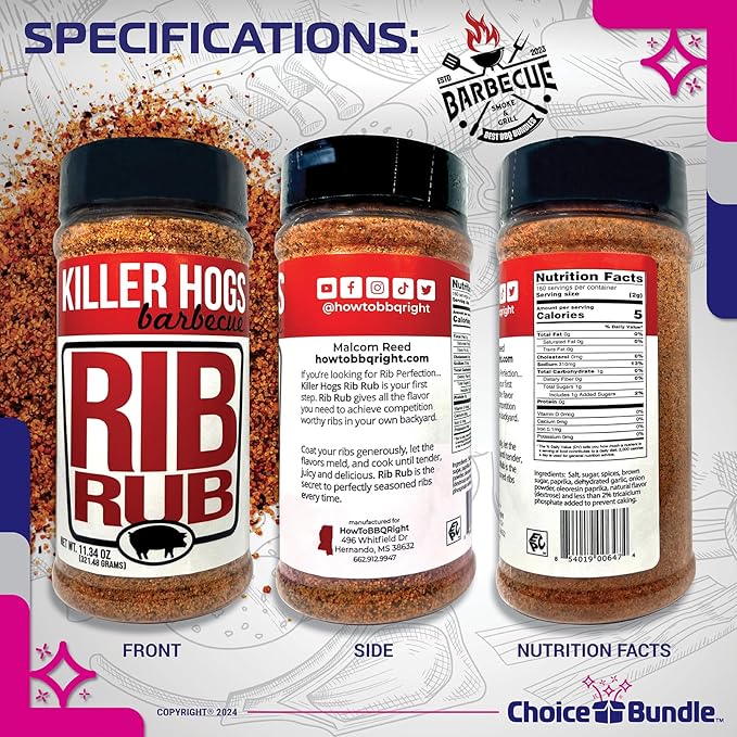 Killer Hogs Rib Rub &amp TX Texas Brisket Premium BBQ Barbecue &amp Seasoning 4 pk Variety Choice Bundle (44.68 oz) + BBQ Guide &amp Keychain Bottle Opener (6 Items)!