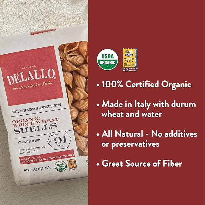 DeLallo Whole Wheat Pasta Shells 1 Pound Bag 4 Pack Made with 100% Organic Whole Grain Flour High Protein Made in Italy