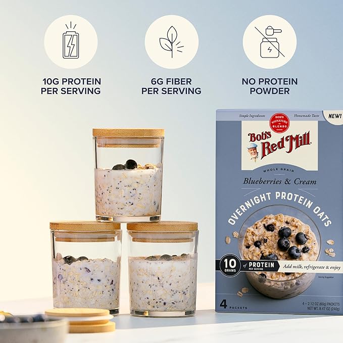 Bob's Red Mill Overnight Protein Oats Blueberries &amp Cream 16 Packets Total Non-GMO Gluten Free Whole Grain