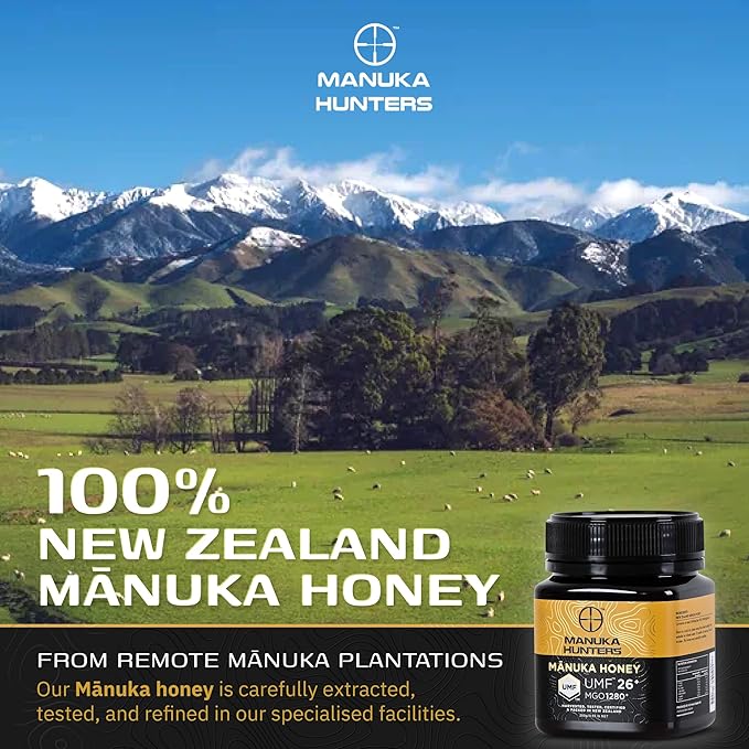 Manuka Hunters UMF 26+/MGO 1280+ Certified New Zealand Manuka Honey - 100% Pure Natural Sweetener - Gluten Dairy Free - Ideal for Tea Coffee Smoothies and Baking - Sustainable - 8.8oz/250g Jar