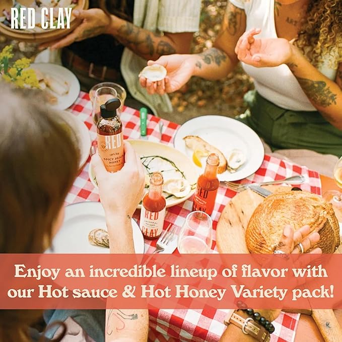 Red Clay Hot Sauce &amp Hot Honey Whole Shebang Variety Pack (Original Carolina Hot Verde Hot Honey and Southern Honey) Cold-Pressed Fermented and Barrel-Aged Hot Sauces 100% Raw Honey 5 Coun