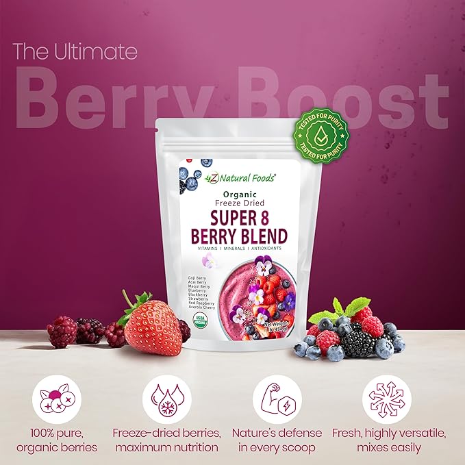 Z Natural Foods Super 8 Berry Blend - Organic Freeze Dried Berry Powder Fruit Superfood Powder - Delicious Powdered Fruit Berry Antioxidant Powder for Smoothies Yogurts Healthy Drink Mix 1 lb