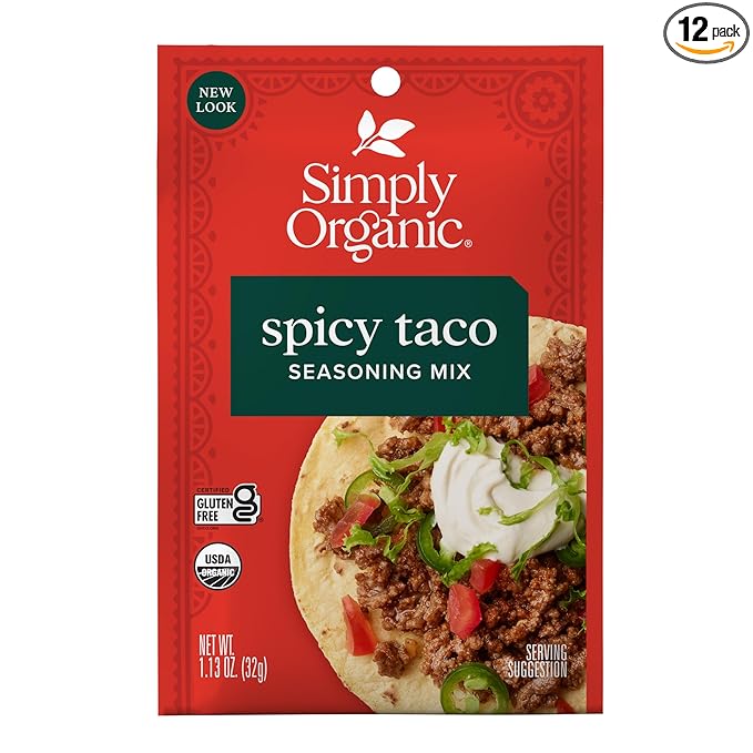Simply Organic Spicy Taco Seasoning Mix Gluten Free Certified Organic Kosher Vegan Vegetarian Pure Flavor for Tacos Stir-Fries Mexican Dishes and More | 1.13 Ounce (Pack of 12)