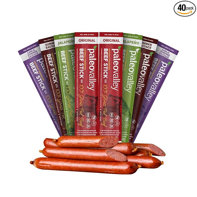 Paleovalley 100% Grass Fed Beef Sticks - Delicious Gluten Free Beef Snack - High Protein Keto Friendly 40 Count Variety Pack