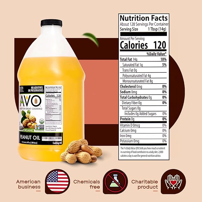AVO Made for Great Cooking Organic Peanut Oil Half Gallon - Perfect for Cooking &amp Deep Frying - Ideal for Chefs Moms and Grillers - Bulk Organic Peanut Oil for Deep Frying Turkey