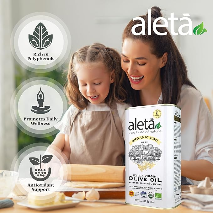 Aleta Single Estate Organic Extra Virgin Olive Oil Greek EVOO Unfiltered and Unrefined Rich in Polyphenol Kosher 33.8 oz (1 LT) Pack of 3