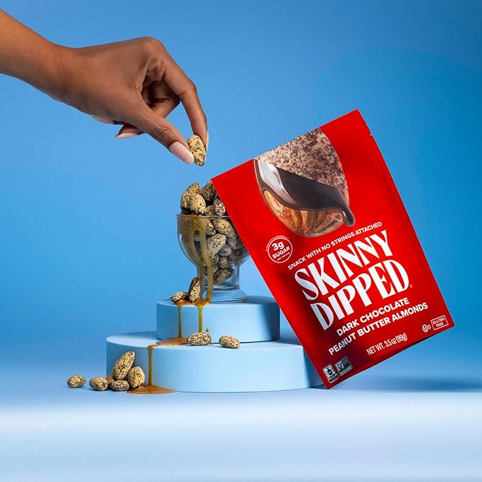 SkinnyDipped Dark Chocolate Peanut Butter Almonds Healthy Snack Plant Protein Gluten Free 3.5 oz Resealable Bags (Pack of 5)