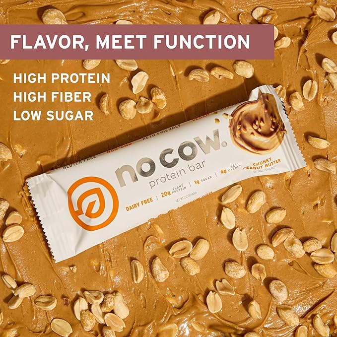 No Cow Vegan Protein Bars Upgraded Chunky Peanut Butter | 20g Plant Based Protein Gluten Free Dairy Free Soy Free Keto Friendly Low Sugar High Fiber Snack Bars | Pack of 12
