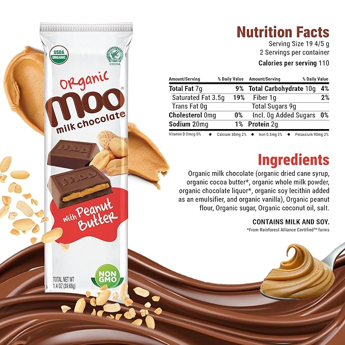 Moo Chocolates Organic Milk Chocolate Large Bars with Peanut Butter 1.4 oz 14 ct (Pack of 1) | USDA Organic Non-GMO | 110 Calorie Snacks for On-the-Go Lunchboxes Office