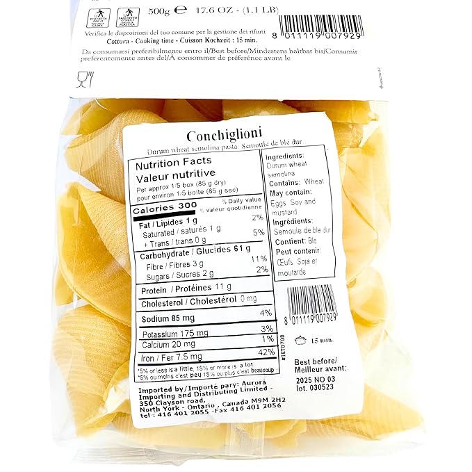 Pasta Pirro Conchiglioni 1.1 lb. (500g)(Pack of 2) Jumbo Pasta Shells for Stuffing - Conchiglie - Caccavella - Lumaconi - Similar to Cannelloni Tubes - Manicotti