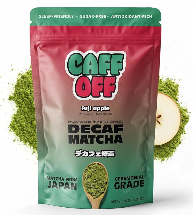 Caff Off Decaf Apple Matcha Green Tea Powder From Japan – 1.06 oz / 30 g – Ceremonial Grade &amp Sugar-Free – No Fillers or Milk Powders – Naturally Decaffeinated Without Chemicals – Tested for Heavy