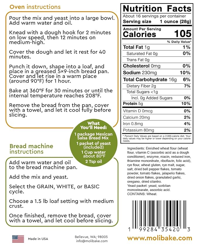 Molibake Mexican Salsa Bread Mix – Pack of 2 – Premium Artisan Bread Mix for Bread Machine and Oven – 15 oz – All-Natural Gourmet Blend with Tomato Jalapeño Bell Pepper Onion Garlic &amp Cilantro