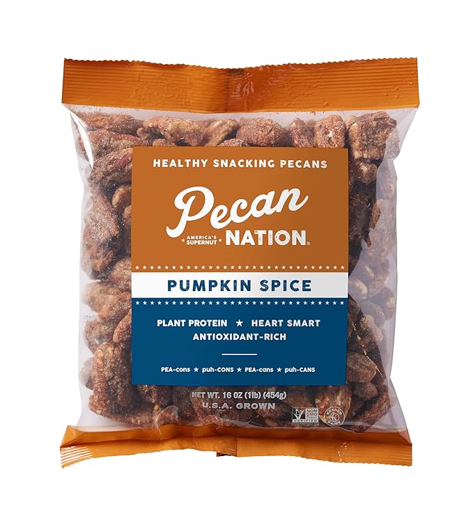 Pecan Nation Pumpkin Spice Roasted Georgia Pecan Halves 16 oz. Natural No preservatives Antioxidant-Rich Non-GMO Healthy Snacking Pecans for Adults and Kids