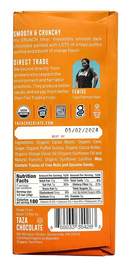 Taza Chocolate Organic Smooth &amp Crunchy Bars 70% Stone Ground Orange Crunch 2.5 Ounces (10 Count) Vegan