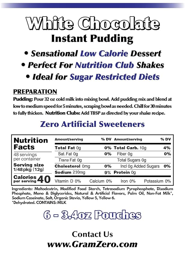 GramZero White Chocolate Sugar Free Pudding Mix 6-Pack Great For Nutrition Club Meal Replacement Shakes Low Calorie Dessert Stevia Sweetened
