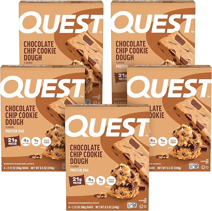 Quest Nutrition Chocolate Chip Cookie Dough - High Protein Low Carb Gluten Free Keto Friendly 2.12 Oz 20 Count (4 Packs of 5)