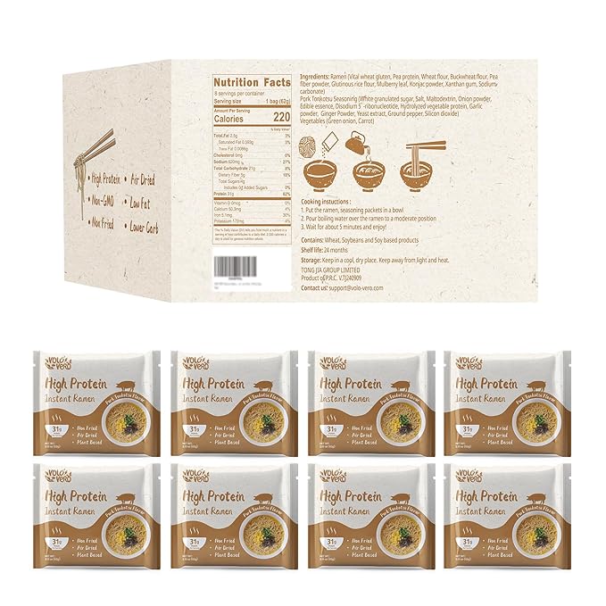 VOLO VERO High Protein (31g) Instant Ramen Pork Tonkotsu Flavor Soup Plant-Based Air-Dried Non-Fried Low Carb Egg-Free Dairy Free Healthy Meal Ready to Eat 8 Pack