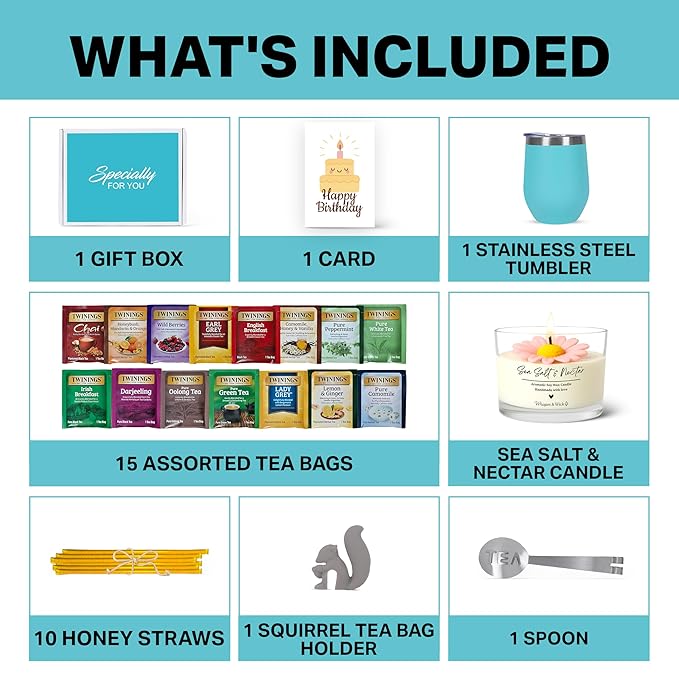 Birthday Gift Set with Stainless Tumbler 15 Assorted Teas 10 Honey Straws Tea Tongs Scented Candle and Greeting Card in Ready-to-Gift Box (Teal - Birthday Card)