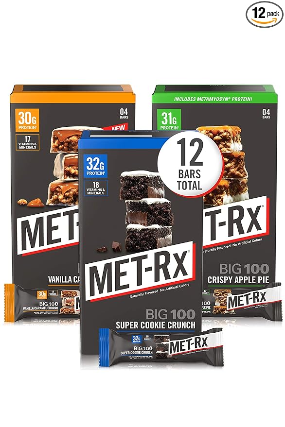 MET-Rx Big 100 Colossal Protein Bars Variety Pack Super Cookie Crunch Vanilla Caramel Churro and Crispy Apple Pie Flavors Brown 12 Count