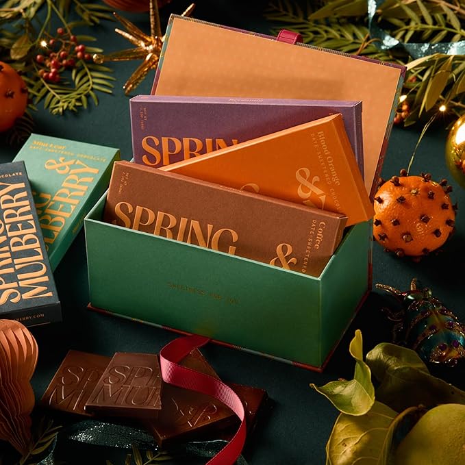 Spring &amp Mulberry Healthy Dark Chocolate Bars Sugar Free - Date Sweetened Chocolate Gift Box - Healthy Bars Gluten Free &amp Vegan - Essence Holiday Chocolates Gift Set