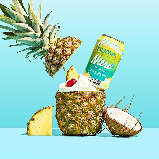 Humm Nitro Kombucha Piña Colada Creamy Smooth Probiotic Drink with L-Theanine Non-GMO Vegan Gluten Free 12 fl oz (Pack of 12)