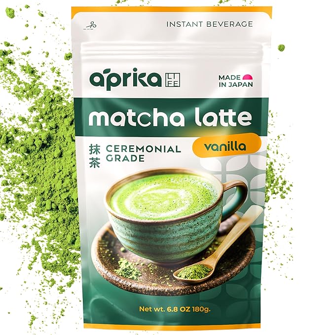 AprikaLife Matcha Latte Powder Premium Barista Crafted Mix with Natural Vanilla Flavor - Authentically Japanese - 1st Harvest Ceremonial Grade Sweet Matcha Powder Used by Coffee Shops 6.8 oz / 180g