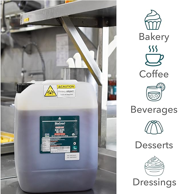 BLUE GREEN ORGANICS 57.3 lb Raw Blue Agave  5 Gallon Bulk Organic Sweetener  Low Glycemic Index Sugar Alternative for Coffee Tea &amp Smoothies  Unrefined &amp Plant-Based  Best Value for Home